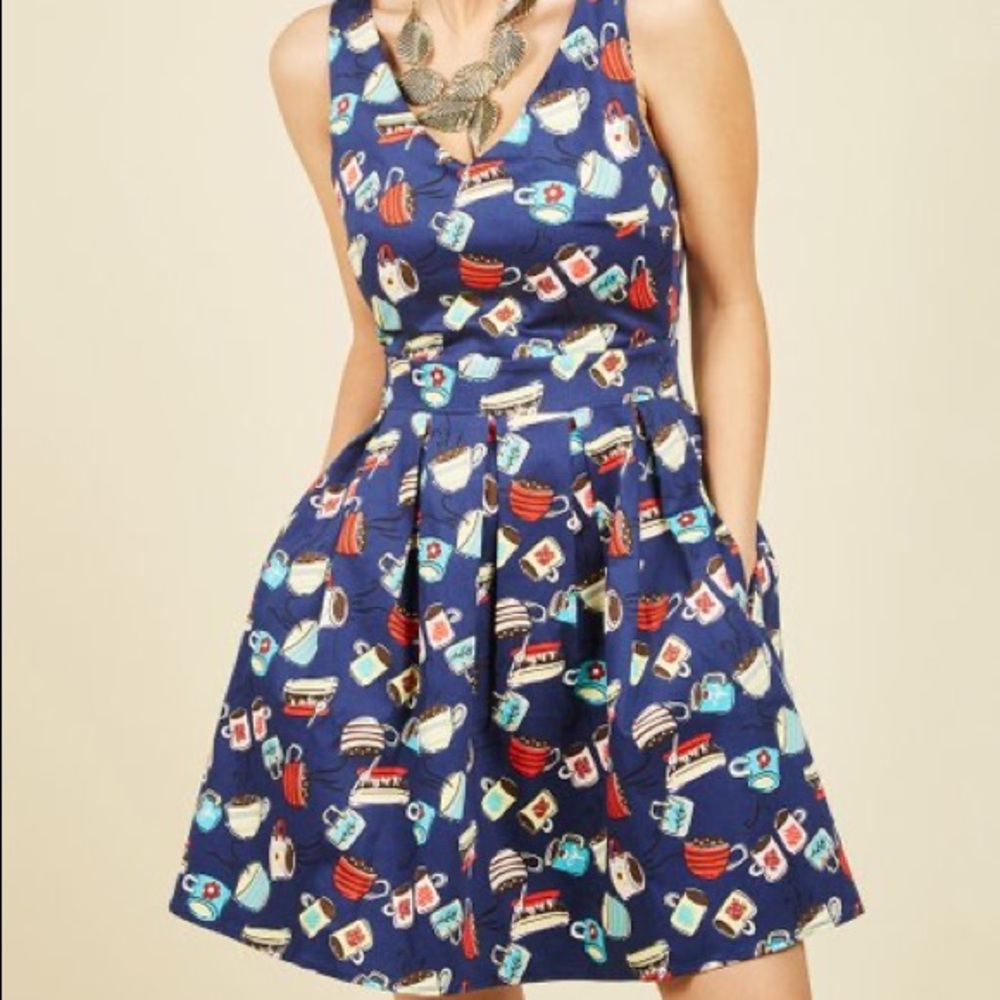 Modcloth Ixia Bookmaking Brunch Coffee Teacup Print Dress  Large